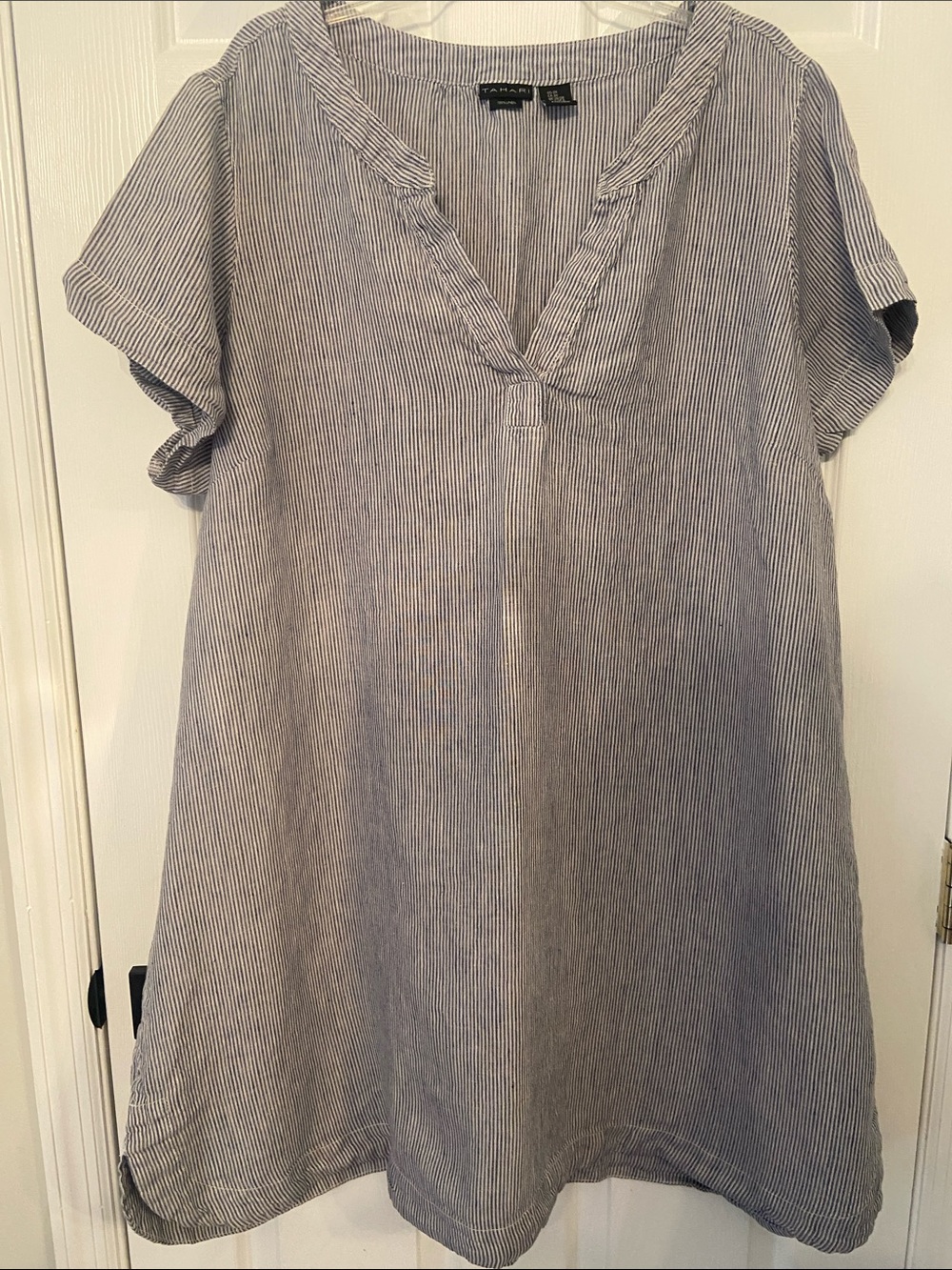 Tahari Navy and White Pinstripe V-Neck Midi Dress